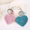 Heart Shaped Rhinestone Leather Keychain With Tassel Pendant